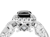 White gold Fancy Black Radiant Cut Halo Diamond Ring with Milgrain and Bezel Accents on a Split Shank Band_16