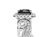 White gold Fancy Black Radiant Cut Halo Diamond Ring with Milgrain and Bezel Accents on a Split Shank Band_17