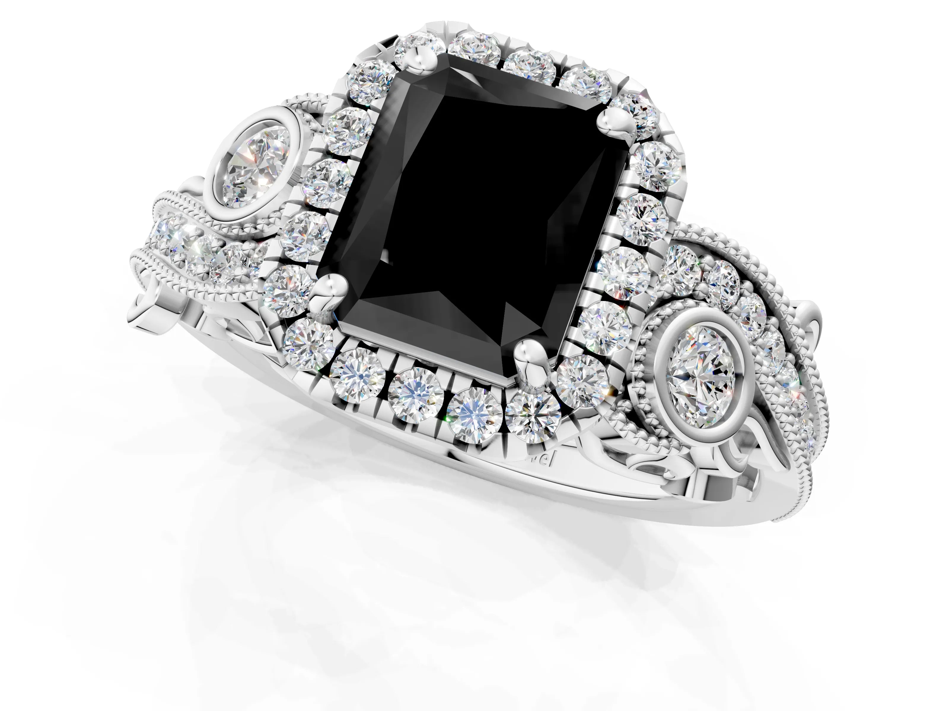 White gold Fancy Black Radiant Cut Halo Diamond Ring with Milgrain and Bezel Accents on a Split Shank Band_1