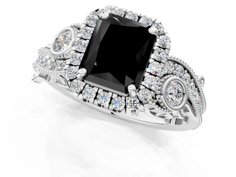 White gold Fancy Black Radiant Cut Halo Diamond Ring with Milgrain and Bezel Accents on a Split Shank Band_1