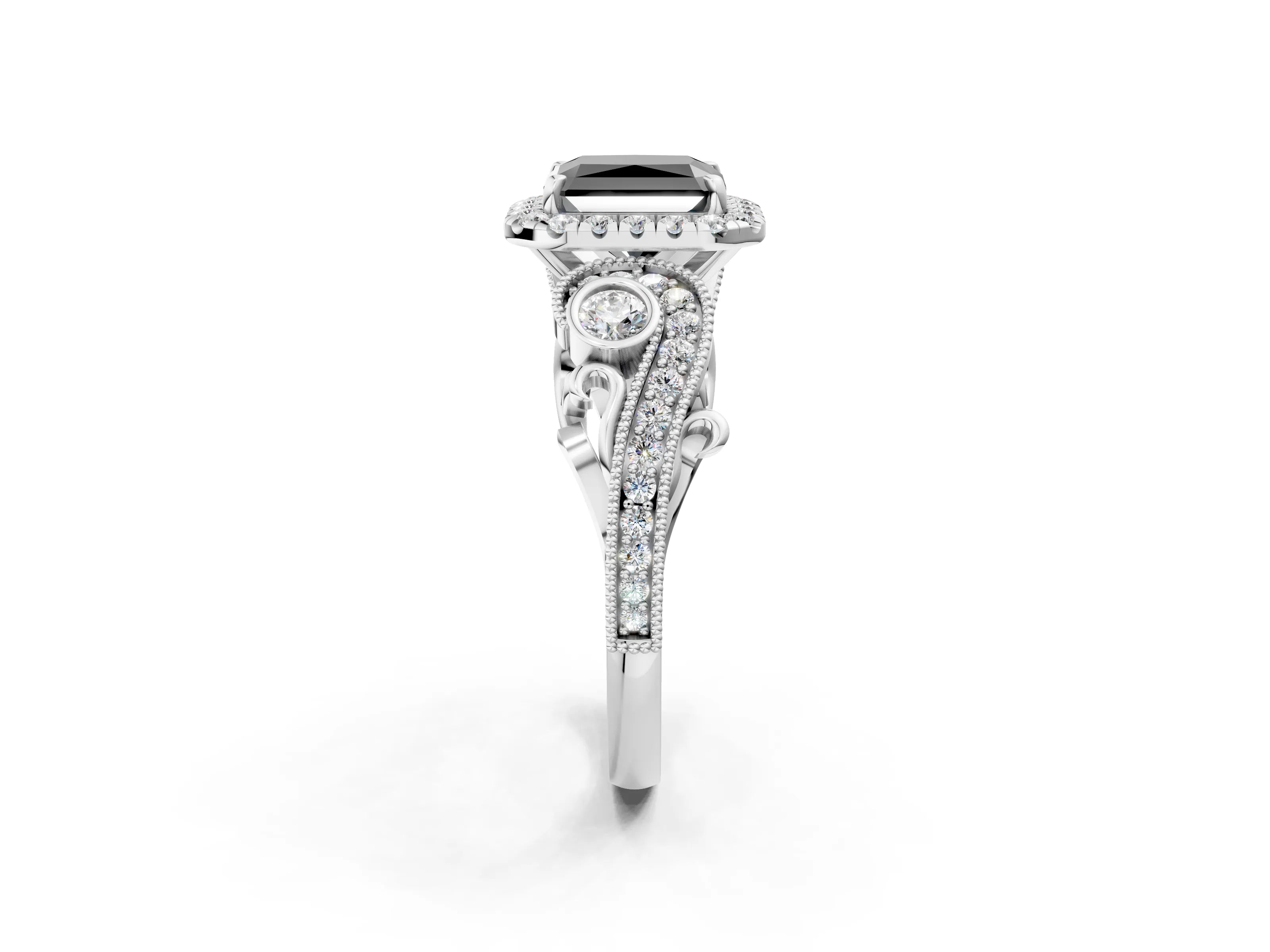 White gold Fancy Black Radiant Cut Halo Diamond Ring with Milgrain and Bezel Accents on a Split Shank Band_2