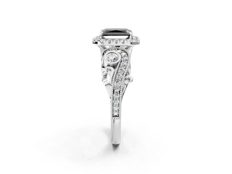 White gold Fancy Black Radiant Cut Halo Diamond Ring with Milgrain and Bezel Accents on a Split Shank Band_2