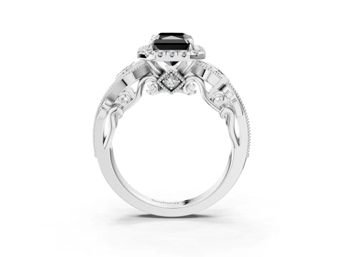 White gold Fancy Black Radiant Cut Halo Diamond Ring with Milgrain and Bezel Accents on a Split Shank Band_3
