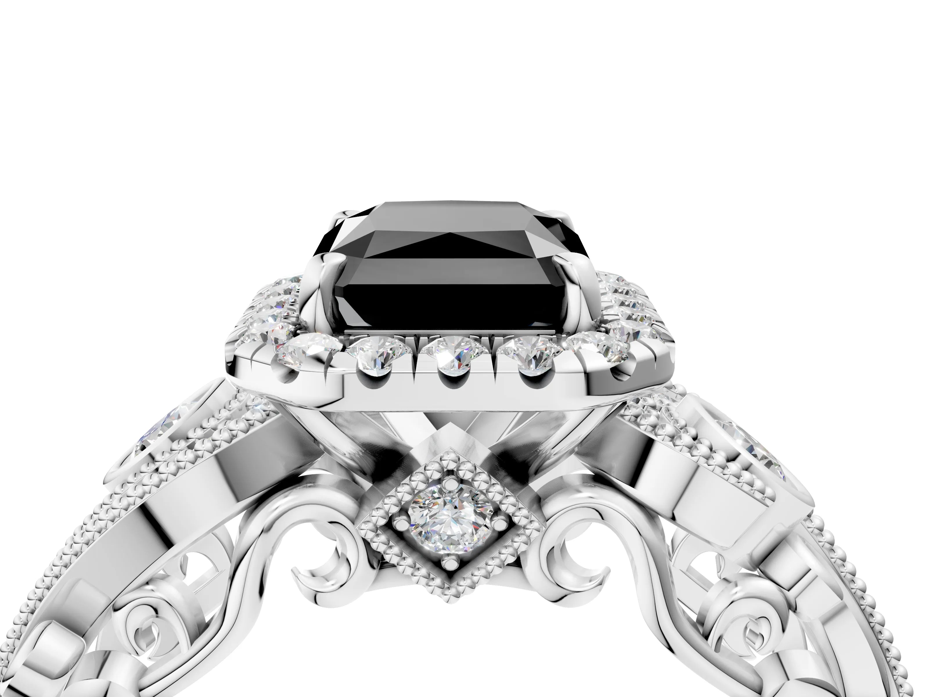 White gold Fancy Black Radiant Cut Halo Diamond Ring with Milgrain and Bezel Accents on a Split Shank Band_4