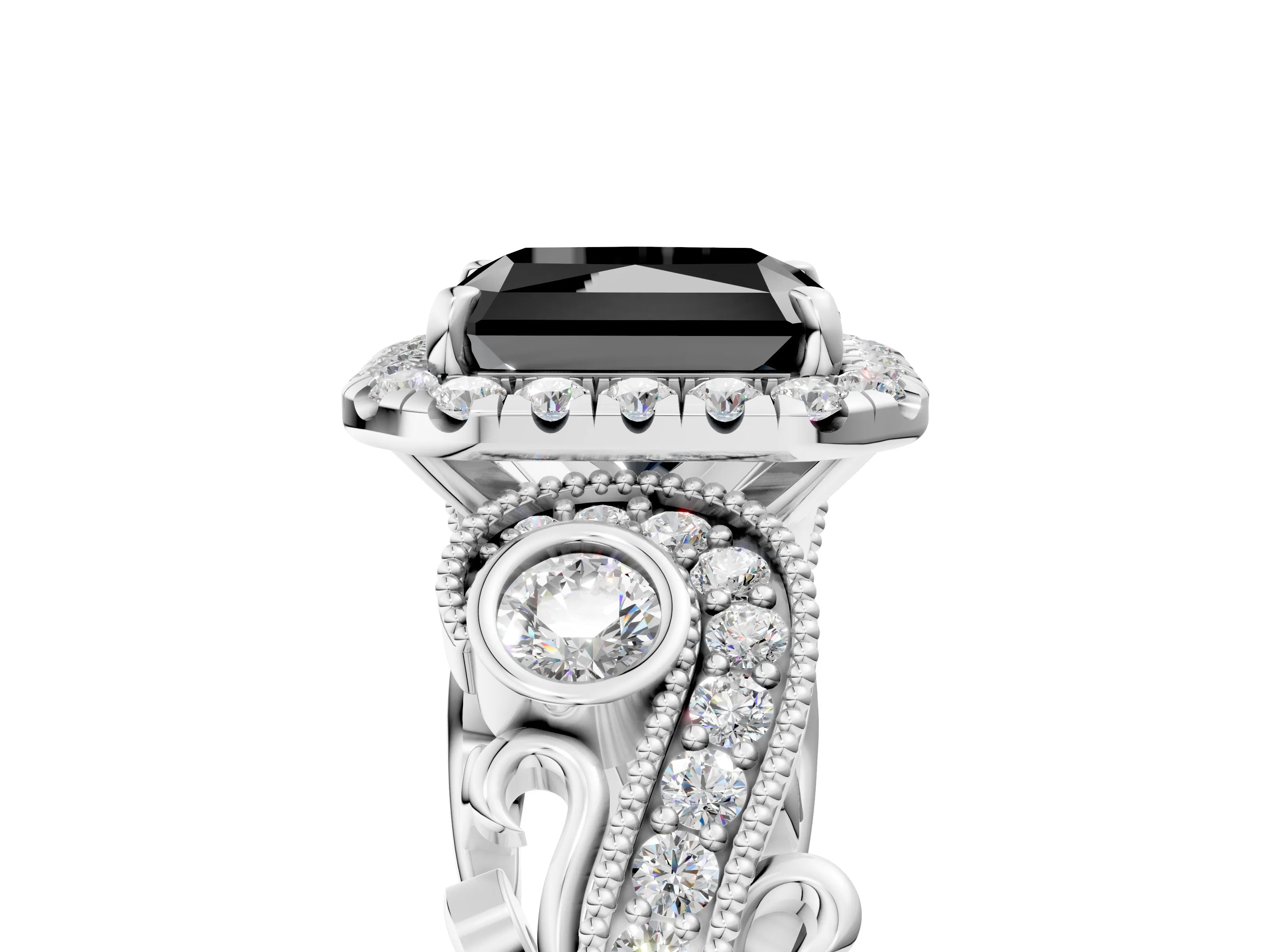 White gold Fancy Black Radiant Cut Halo Diamond Ring with Milgrain and Bezel Accents on a Split Shank Band_5