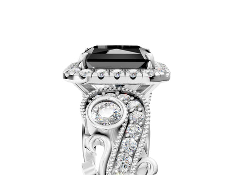 White gold Fancy Black Radiant Cut Halo Diamond Ring with Milgrain and Bezel Accents on a Split Shank Band_5