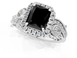 White gold Fancy Black Radiant Cut Halo Diamond Ring with Milgrain and Bezel Accents on a Split Shank Band_6