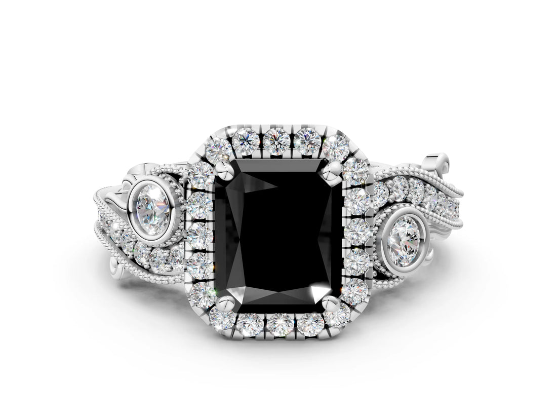 White gold Fancy Black Radiant Cut Halo Diamond Ring with Milgrain and Bezel Accents on a Split Shank Band_6