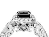 White gold Fancy Black Radiant Cut Halo Diamond Ring with Milgrain and Bezel Accents on a Split Shank Band_9