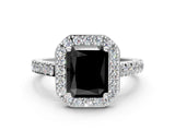 White gold Fancy Black Radiant Cut Halo Diamond Ring with Pavé Band and Three-Prong Setting_12
