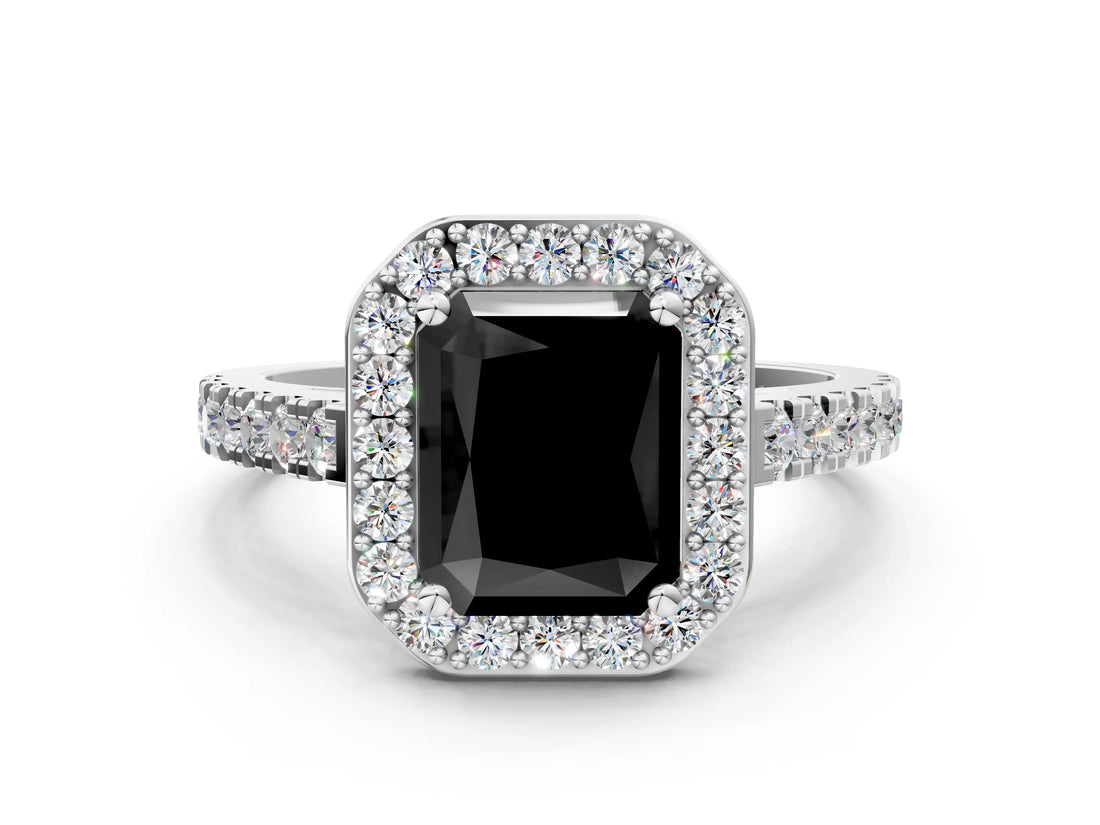 White gold Fancy Black Radiant Cut Halo Diamond Ring with Pavé Band and Three-Prong Setting_12