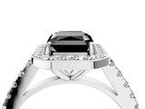White gold Fancy Black Radiant Cut Halo Diamond Ring with Pavé Band and Three-Prong Setting_16