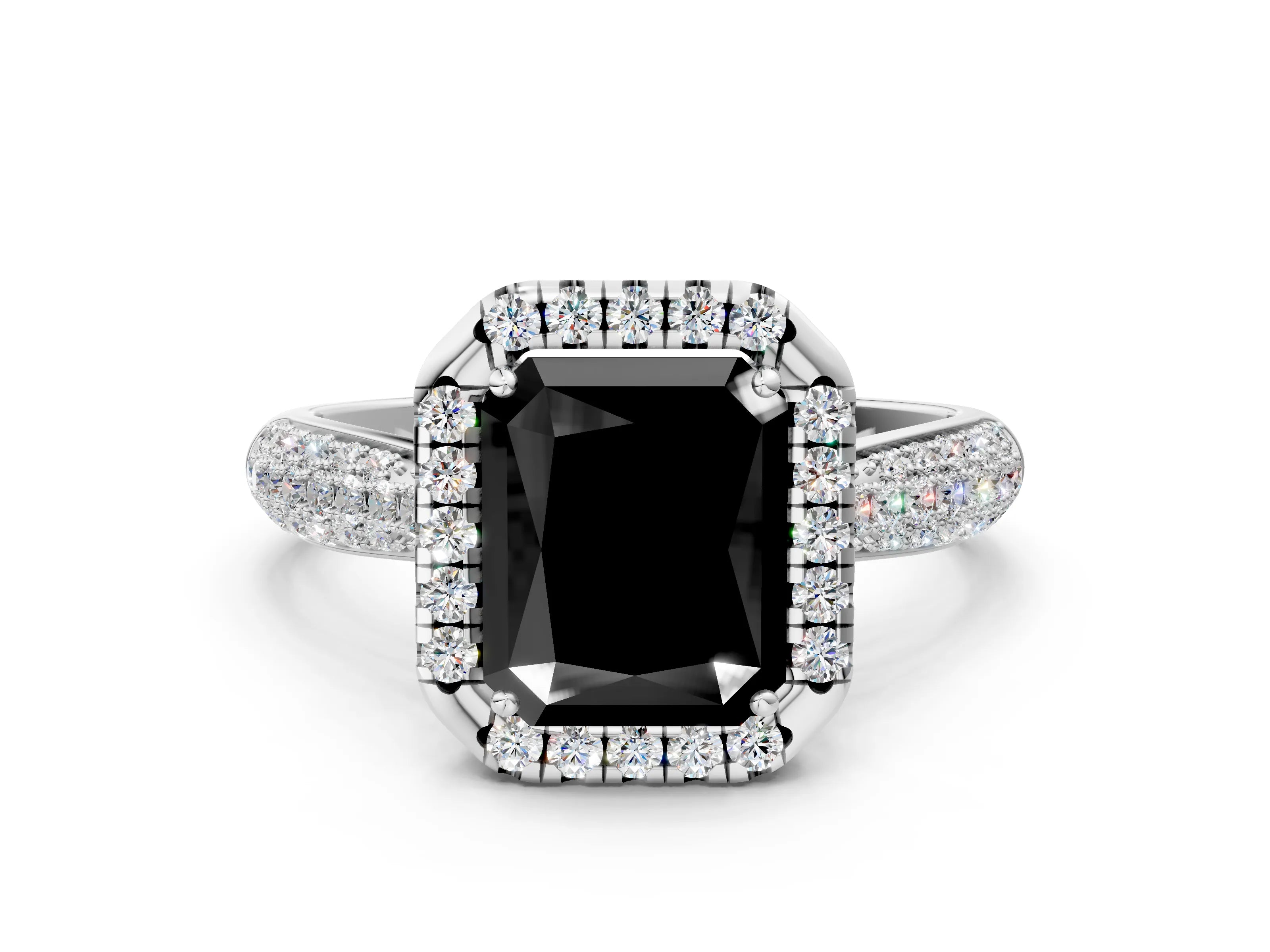 White gold Fancy Black Radiant Cut Halo Diamond Ring with Pavé Band_24