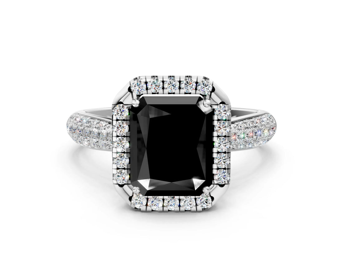 White gold Fancy Black Radiant Cut Halo Diamond Ring with Pavé Band_24