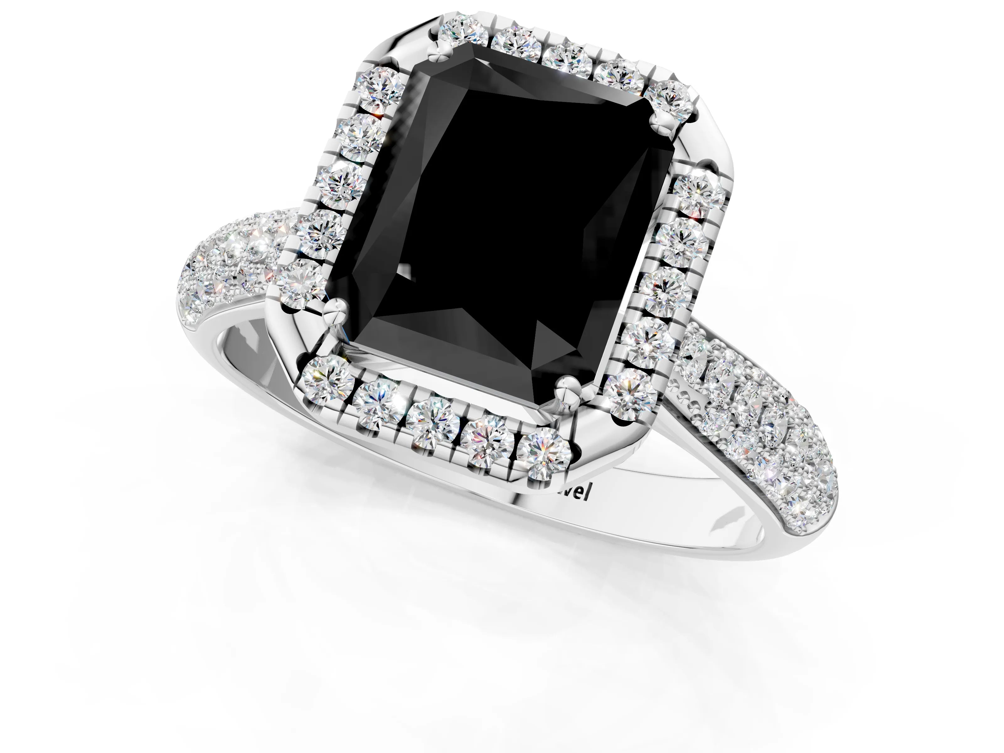 White gold Fancy Black Radiant Cut Halo Diamond Ring with Pavé Band_25
