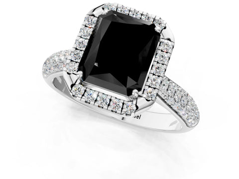 White gold Fancy Black Radiant Cut Halo Diamond Ring with Pavé Band_25