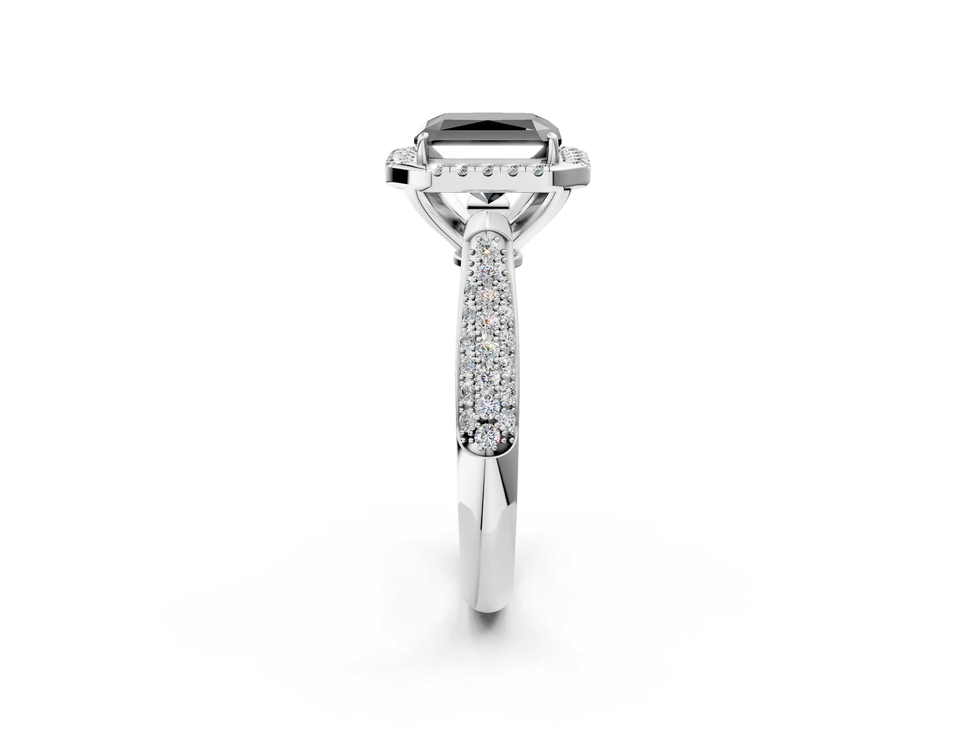 White gold Fancy Black Radiant Cut Halo Diamond Ring with Pavé Band_26