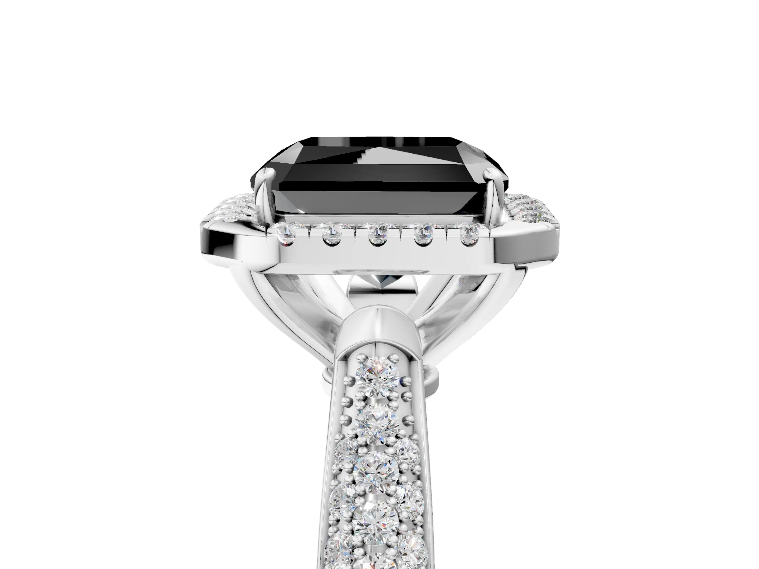 White gold Fancy Black Radiant Cut Halo Diamond Ring with Pavé Band_29