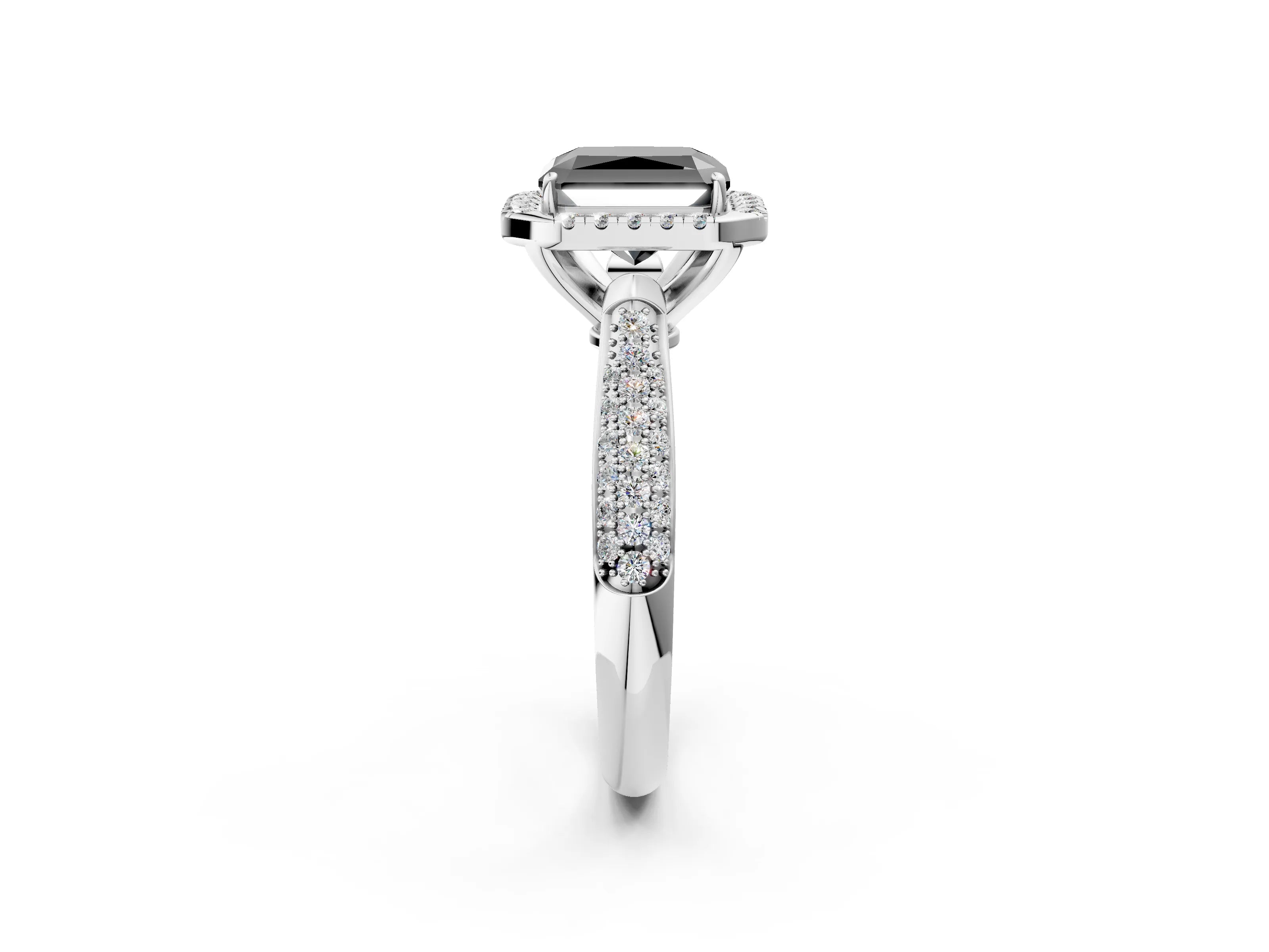 White gold Fancy Black Radiant Cut Halo Diamond Ring with Pavé Band_2