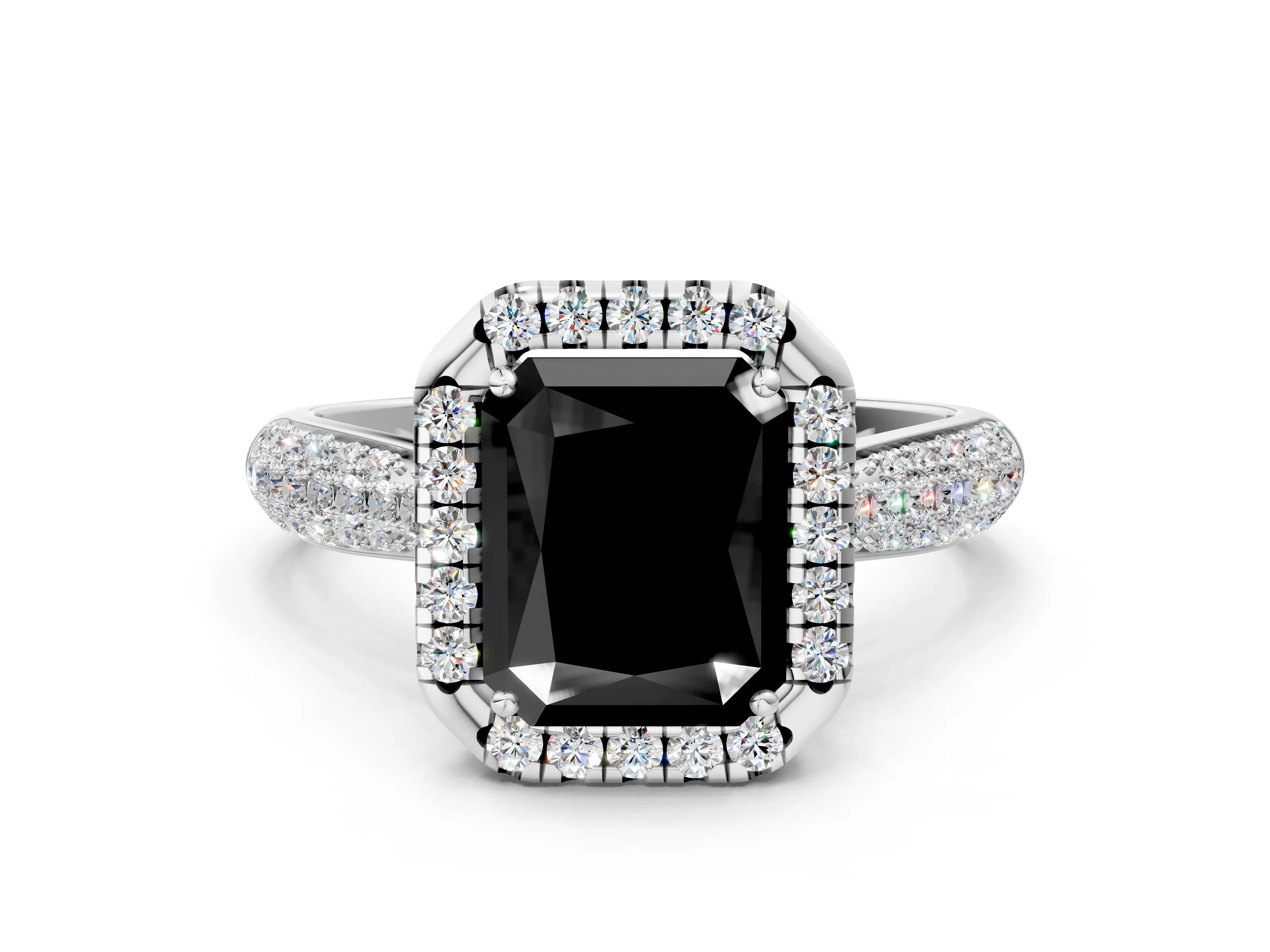 White gold Fancy Black Radiant Cut Halo Diamond Ring with Pavé Band_36