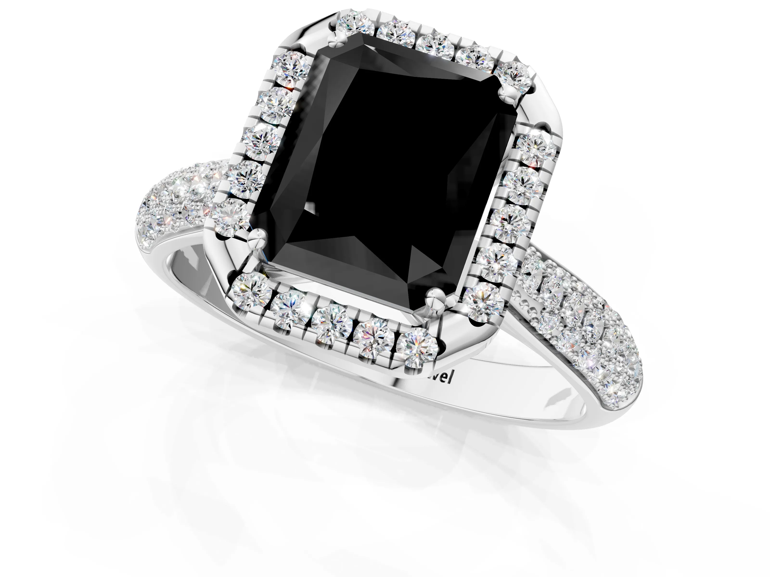 White gold Fancy Black Radiant Cut Halo Diamond Ring with Pavé Band_37