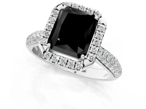 White gold Fancy Black Radiant Cut Halo Diamond Ring with Pavé Band_37