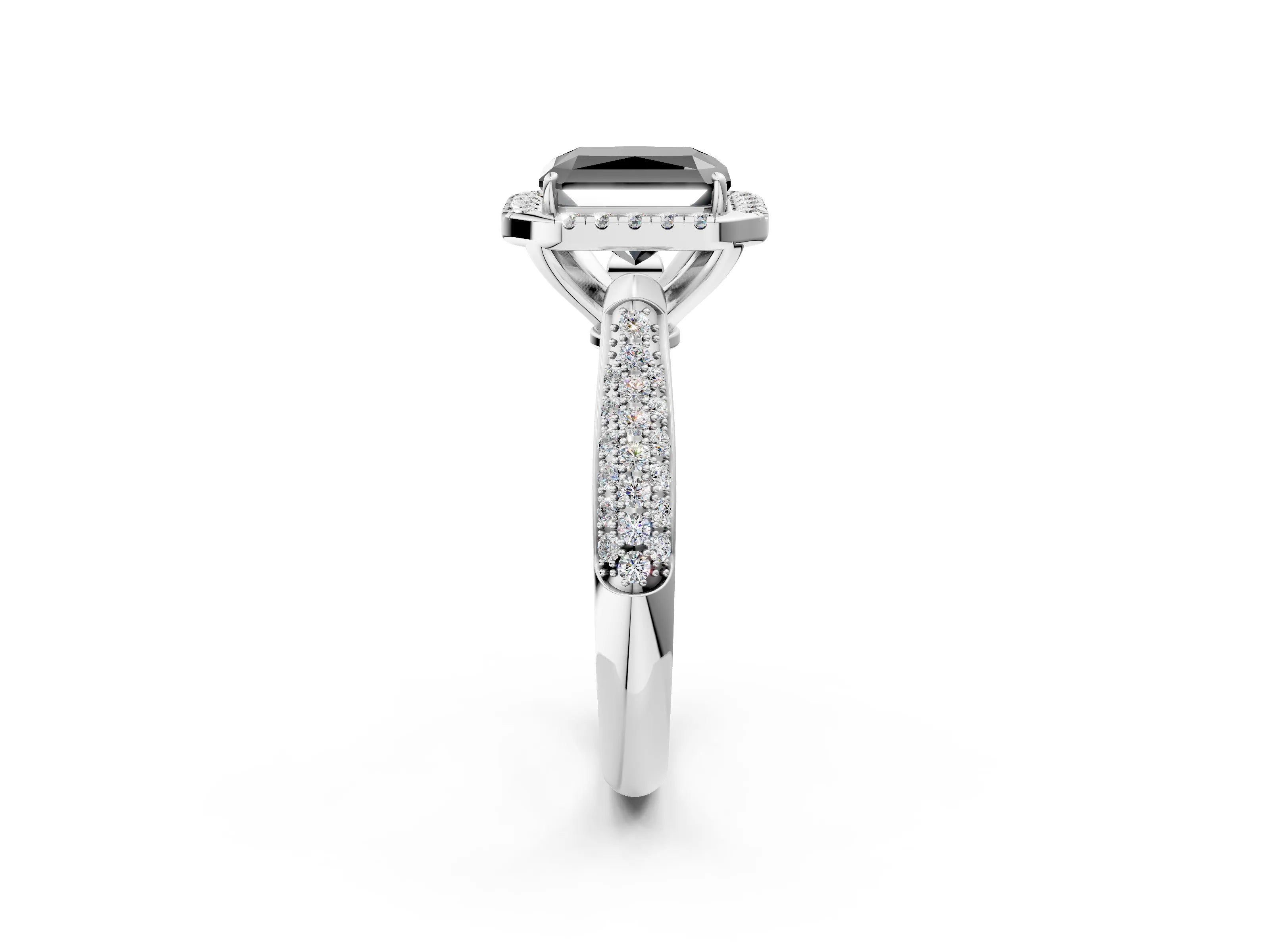 White gold Fancy Black Radiant Cut Halo Diamond Ring with Pavé Band_38