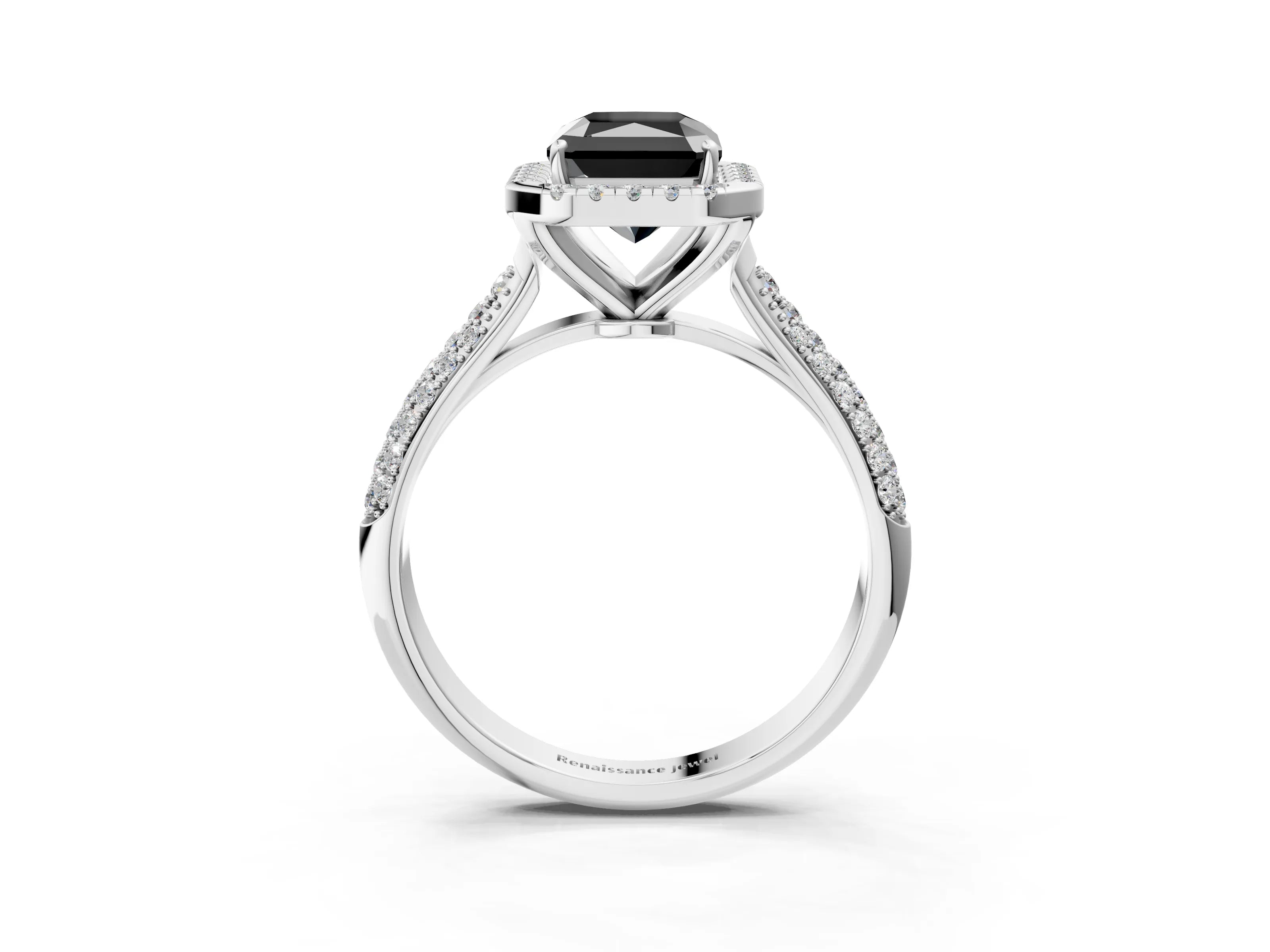 White gold Fancy Black Radiant Cut Halo Diamond Ring with Pavé Band_39