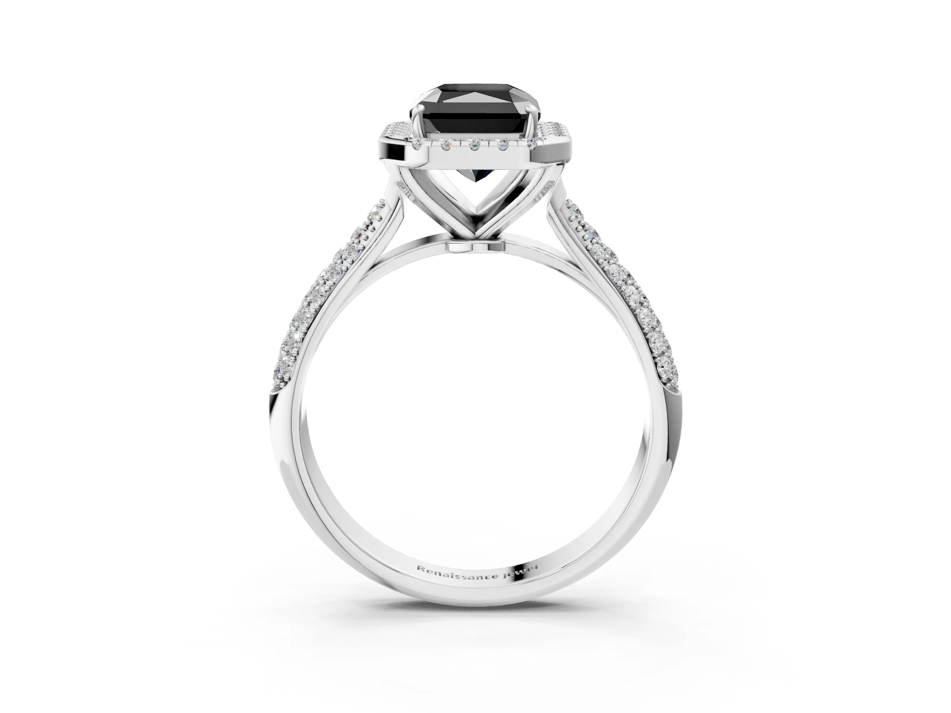 White gold Fancy Black Radiant Cut Halo Diamond Ring with Pavé Band_3