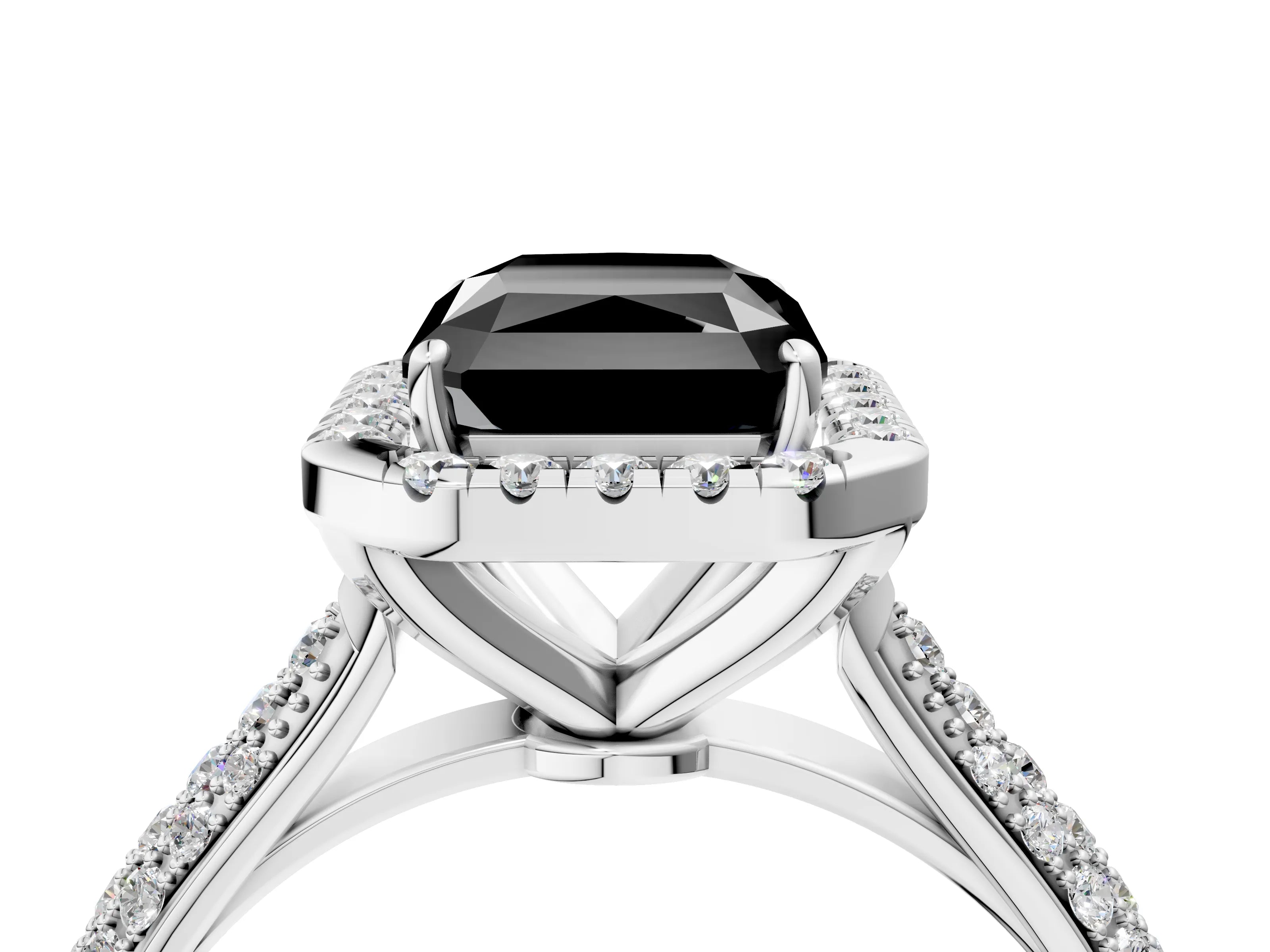 White gold Fancy Black Radiant Cut Halo Diamond Ring with Pavé Band_40