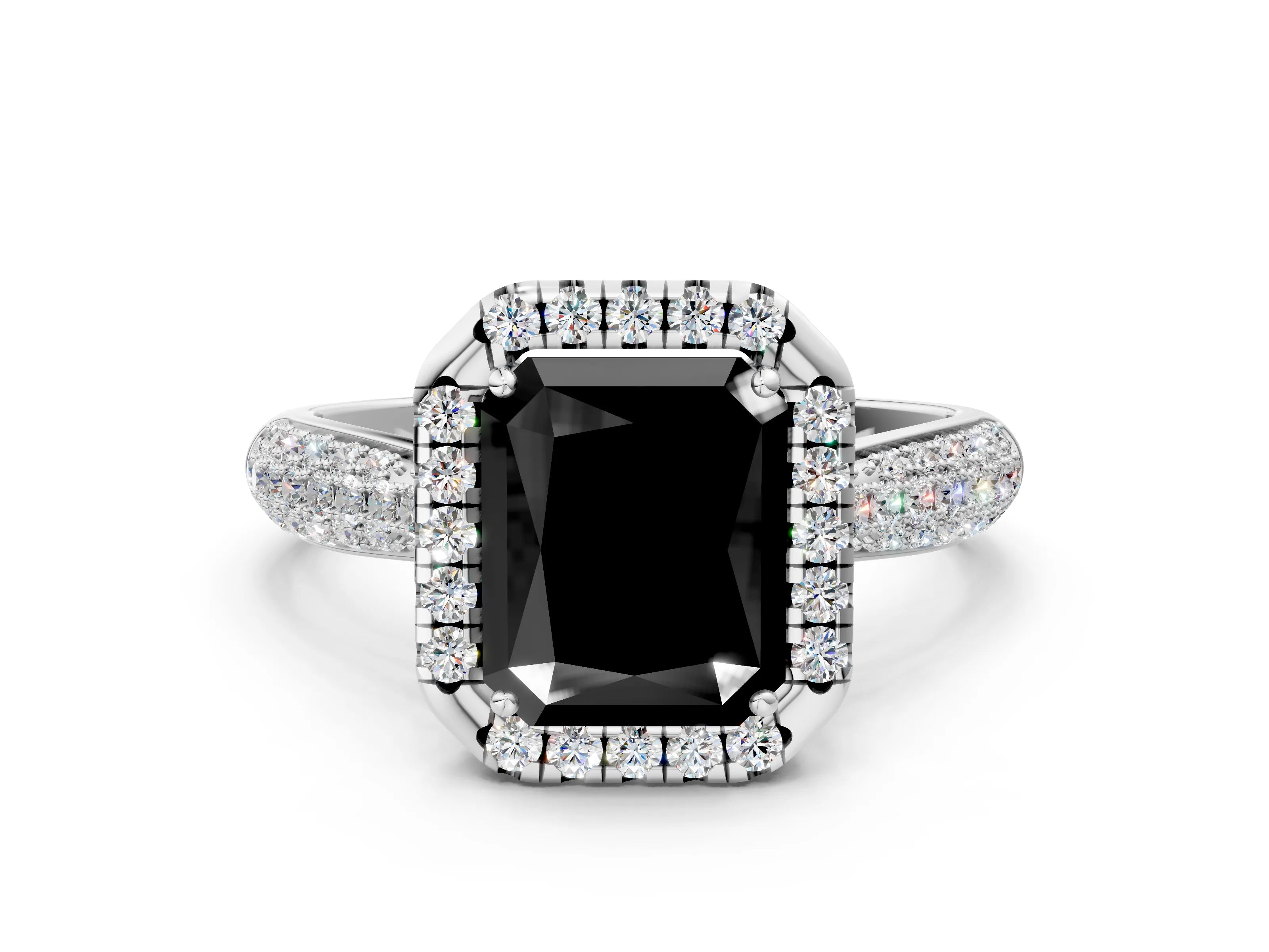 White gold Fancy Black Radiant Cut Halo Diamond Ring with Pavé Band