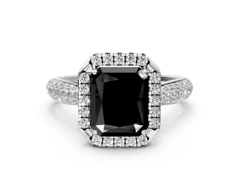 White gold Fancy Black Radiant Cut Halo Diamond Ring with Pavé Band