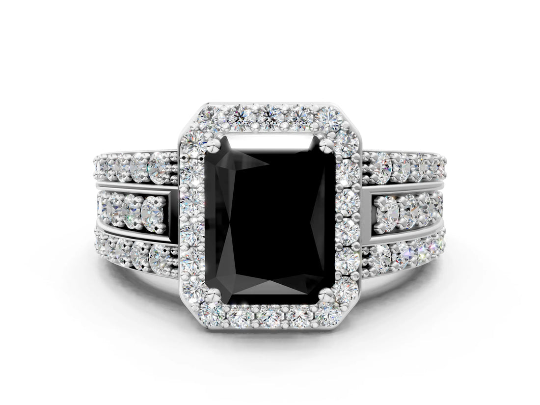White gold Fancy Black Radiant Cut Halo Diamond Ring with Round  Split Shank and Prong Setting_48