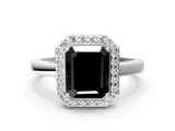White gold Fancy Black Radiant Cut Halo Diamond Ring with Solitaire Band and Prong Setting