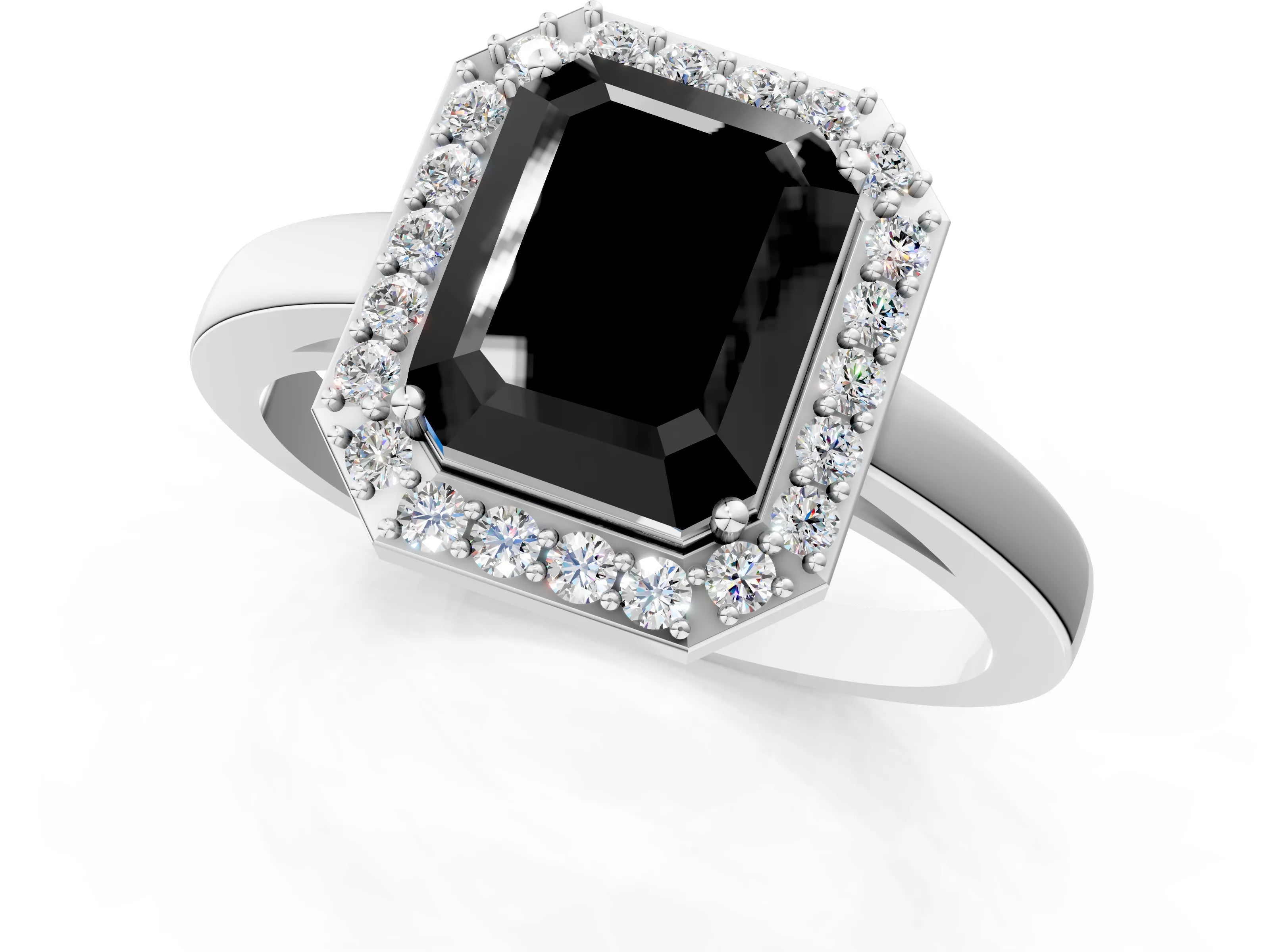 White gold Fancy Black Radiant Cut Halo Diamond Ring with Solitaire Band and Prong Setting_1