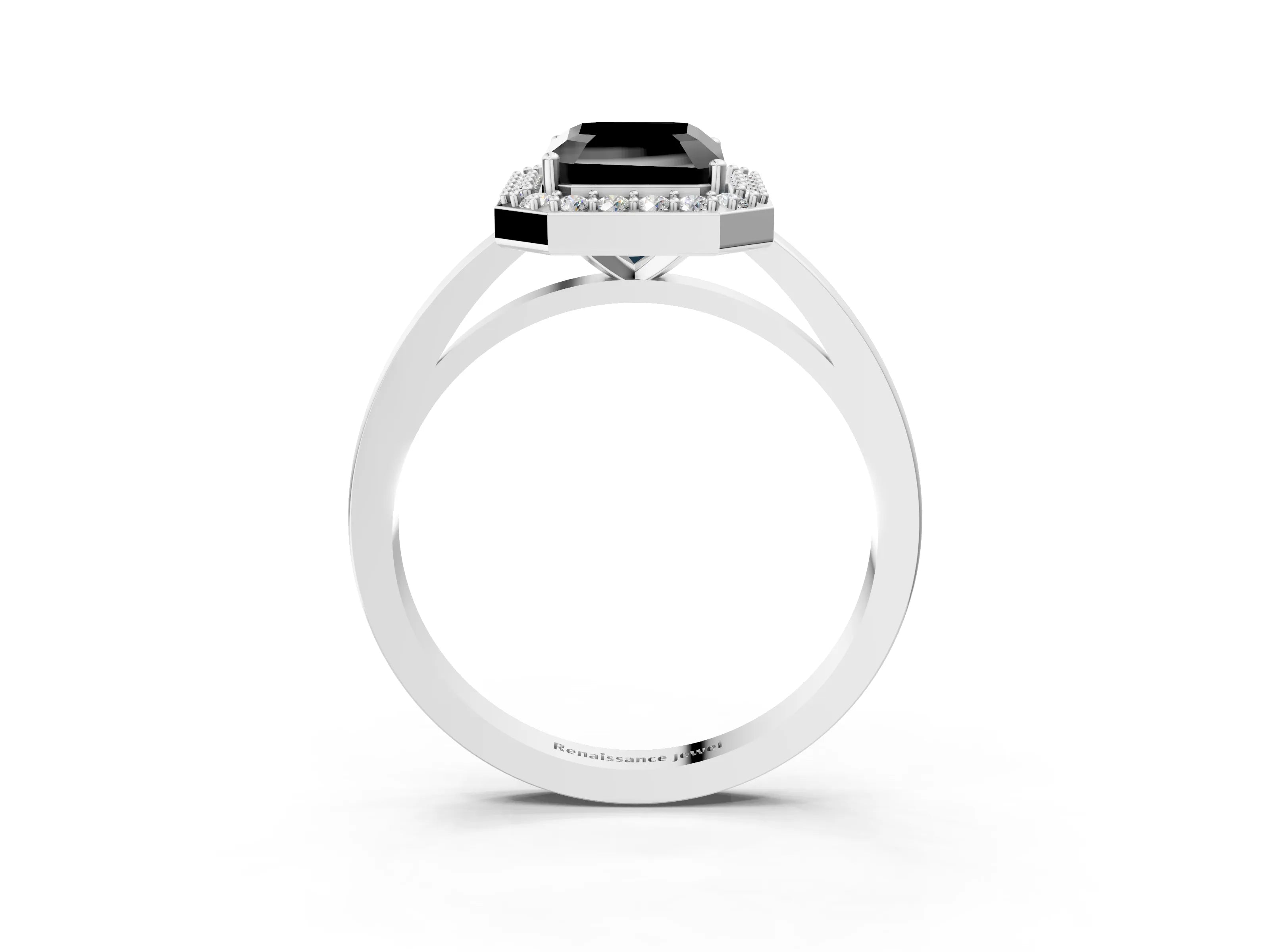 White gold Fancy Black Radiant Cut Halo Diamond Ring with Solitaire Band and Prong Setting_3