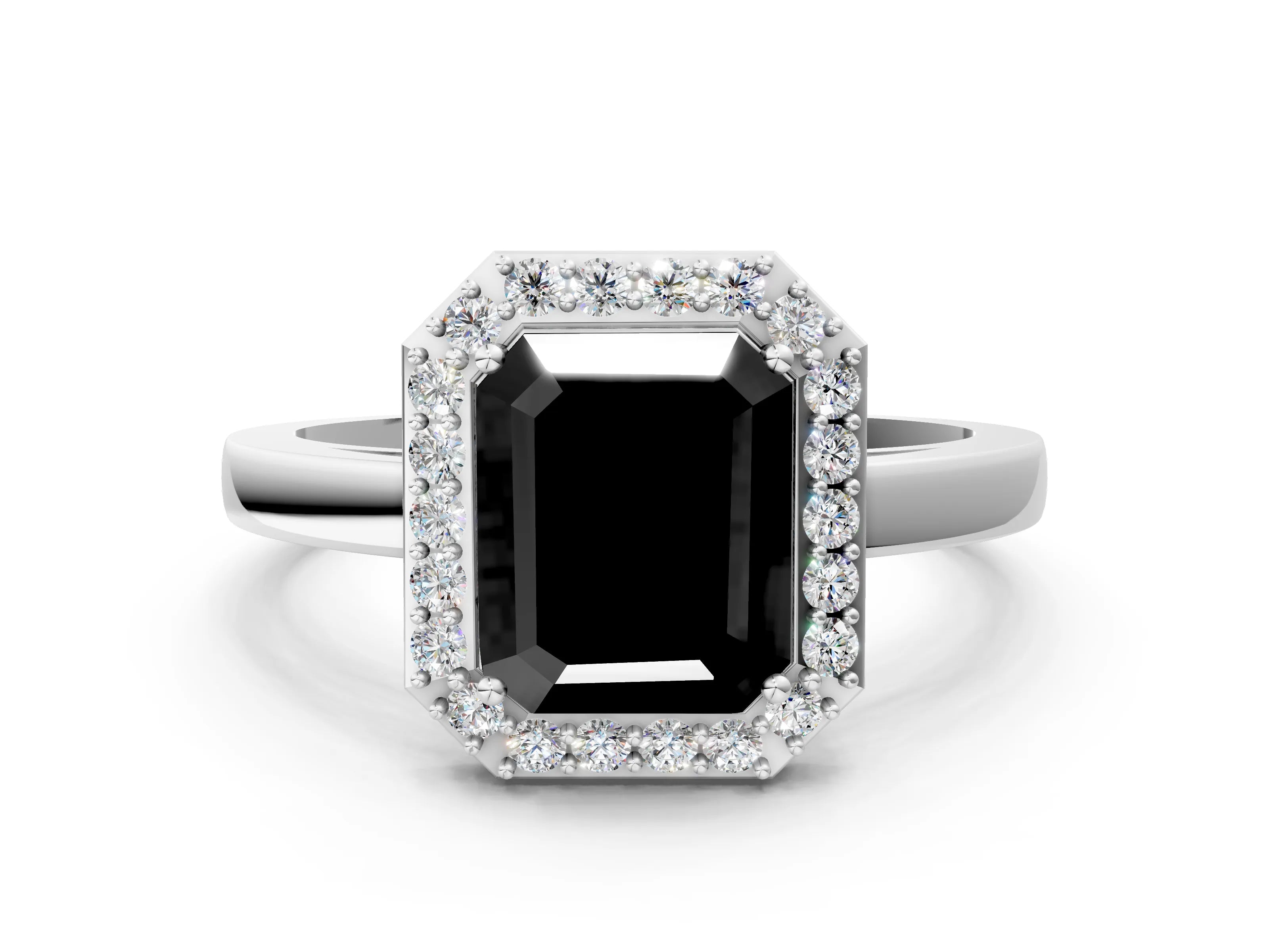 White gold Fancy Black Radiant Cut Halo Diamond Ring with Solitaire Band and Prong Setting