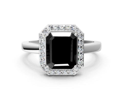White gold Fancy Black Radiant Cut Halo Diamond Ring with Solitaire Band and Prong Setting