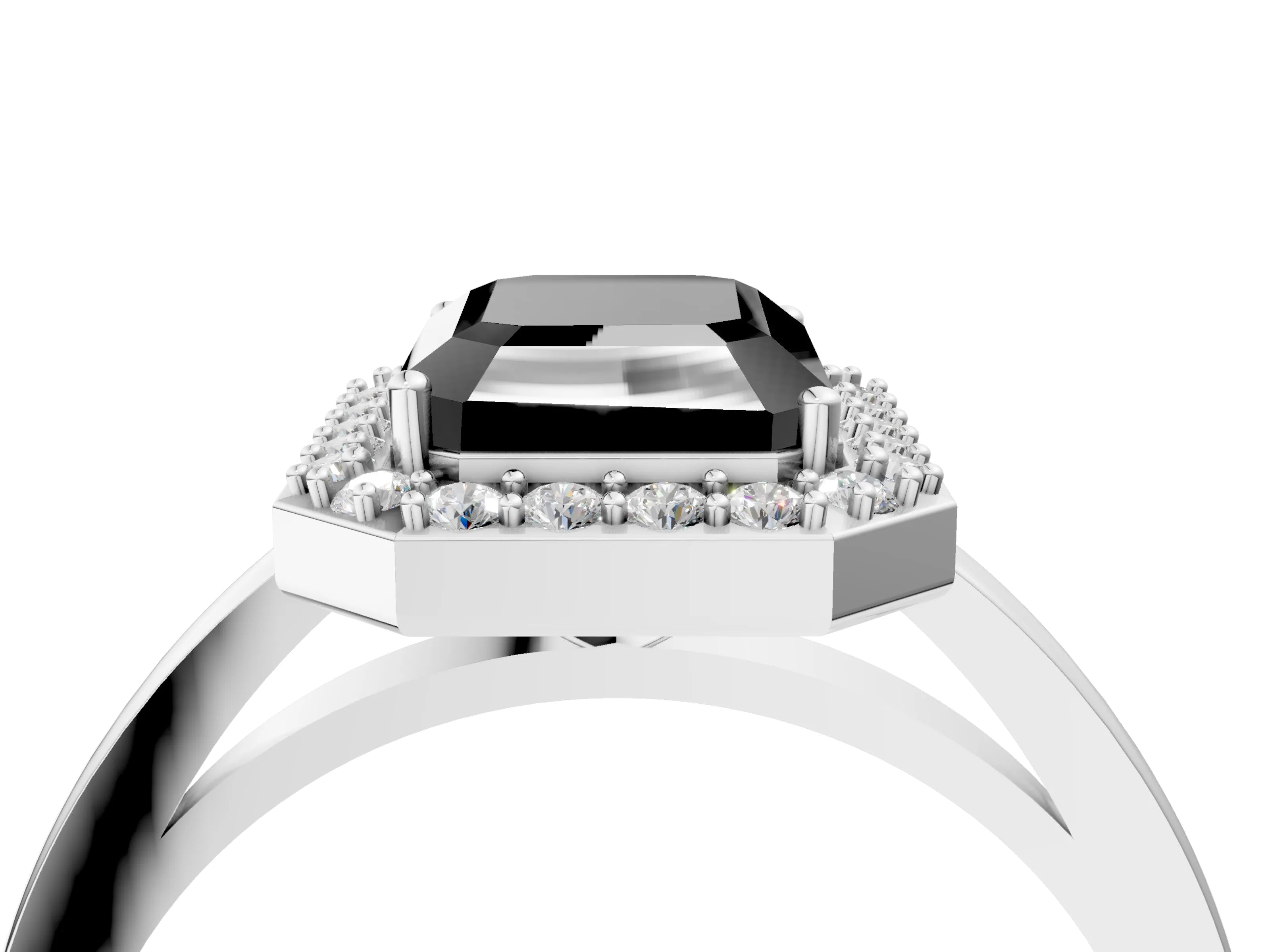 White gold Fancy Black Radiant Cut Halo Diamond Ring with Solitaire Band and Prong Setting_4