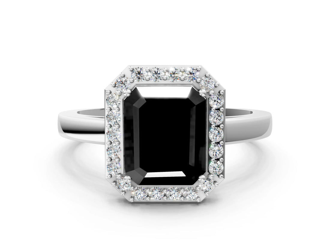 White gold Fancy Black Radiant Cut Halo Diamond Ring with Solitaire Band and Prong Setting