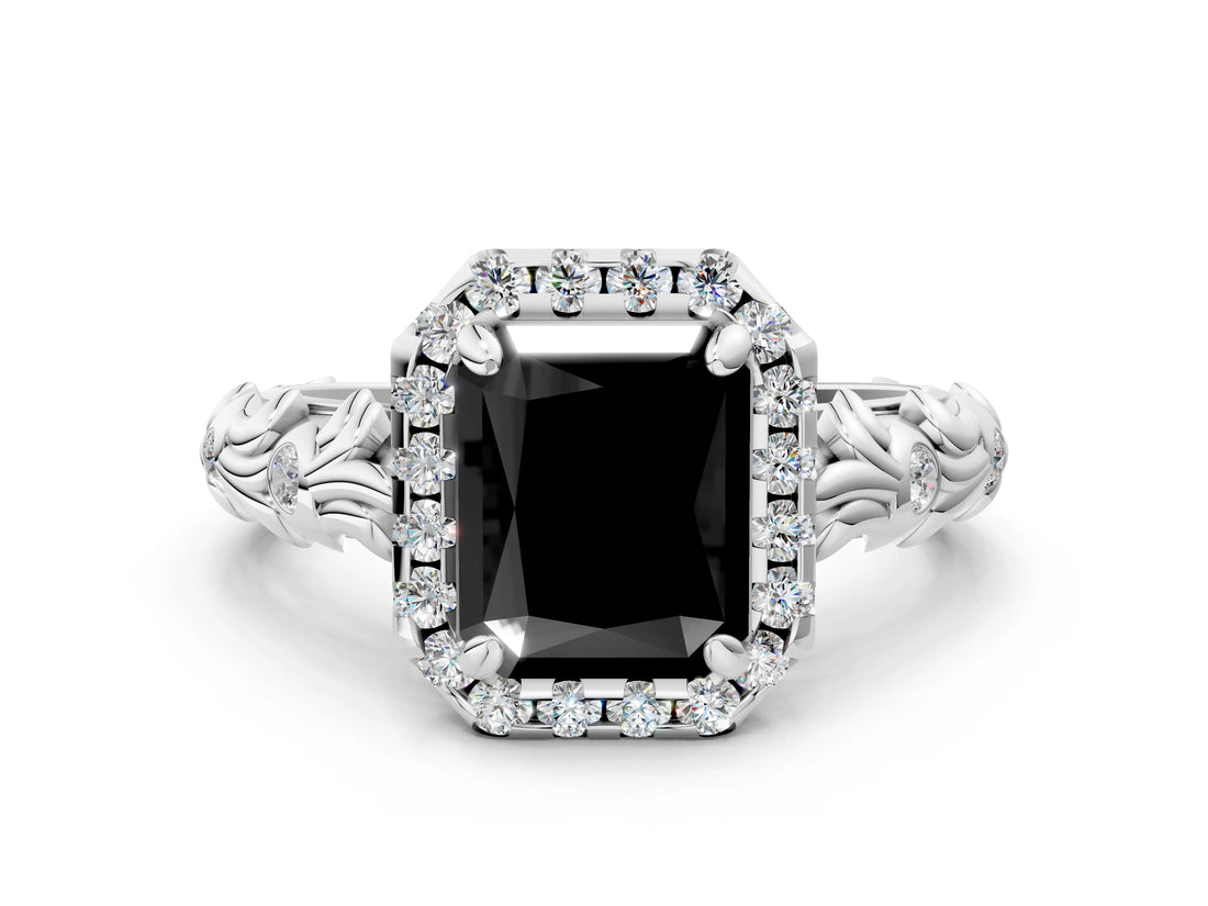 White gold Fancy Black Radiant Cut Halo Diamond Solitaire with Filigree Band and Four-Prong Setting