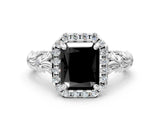 White gold Fancy Black Radiant Cut Halo Diamond Solitaire with Filigree Band and Four-Prong Setting