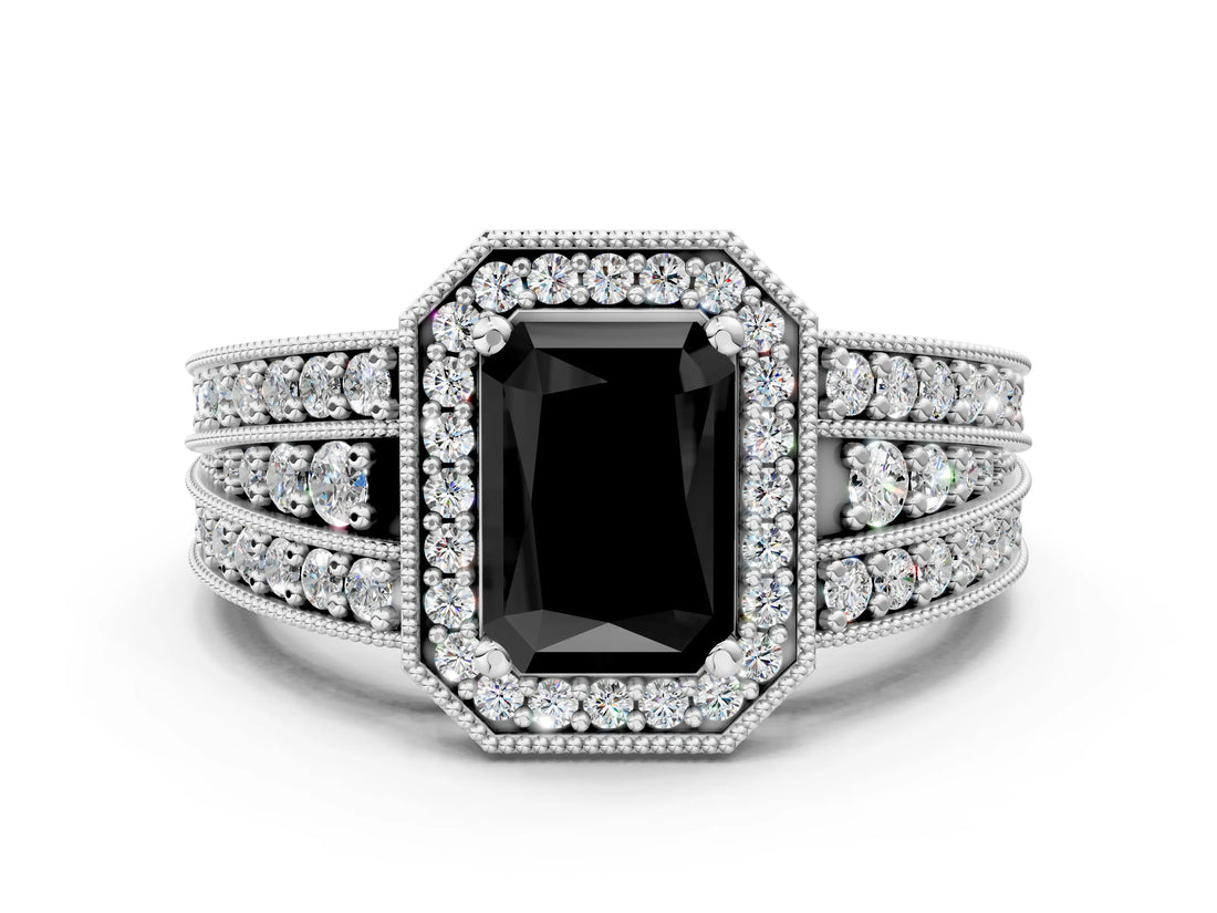 White gold Fancy Black Radiant Cut Halo Diamond Split Shank Ring with Prong Setting