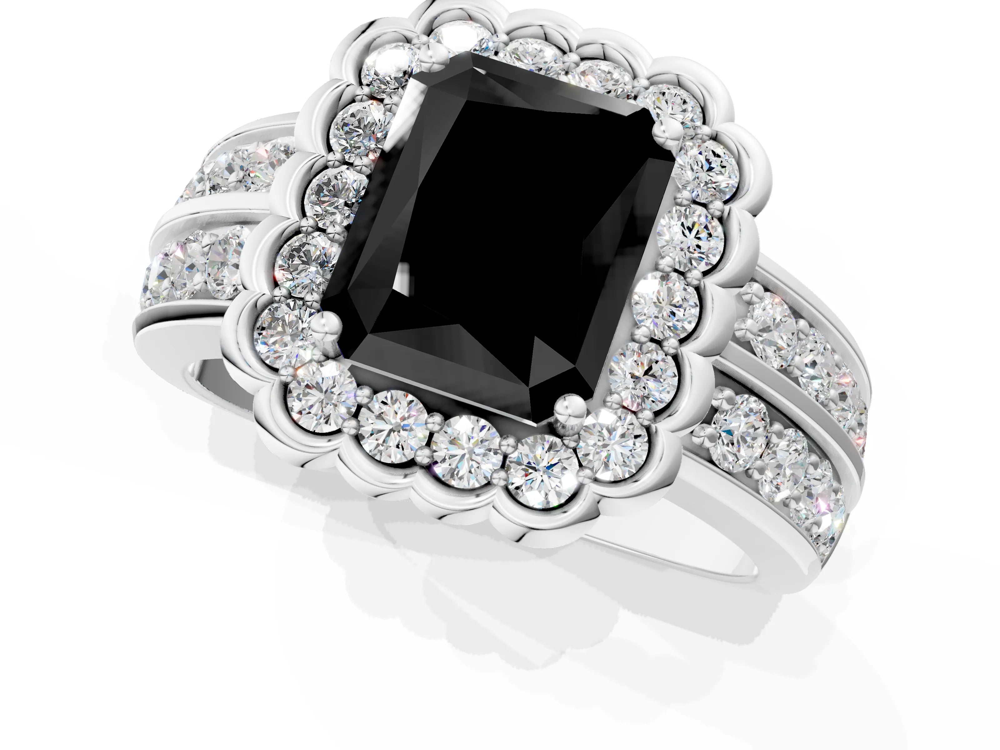 White gold Fancy Black Radiant Cut Halo Diamond Split Shank Ring with Scalloped Prong Setting_1