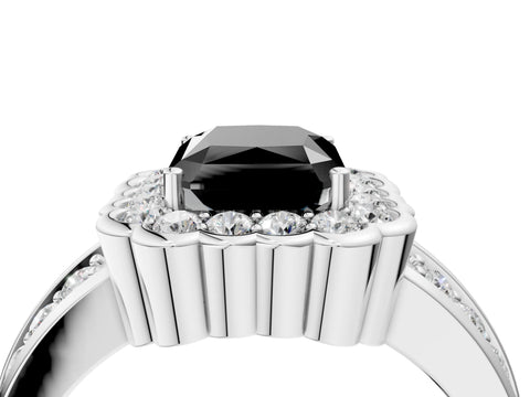 White gold Fancy Black Radiant Cut Halo Diamond Split Shank Ring with Scalloped Prong Setting_16