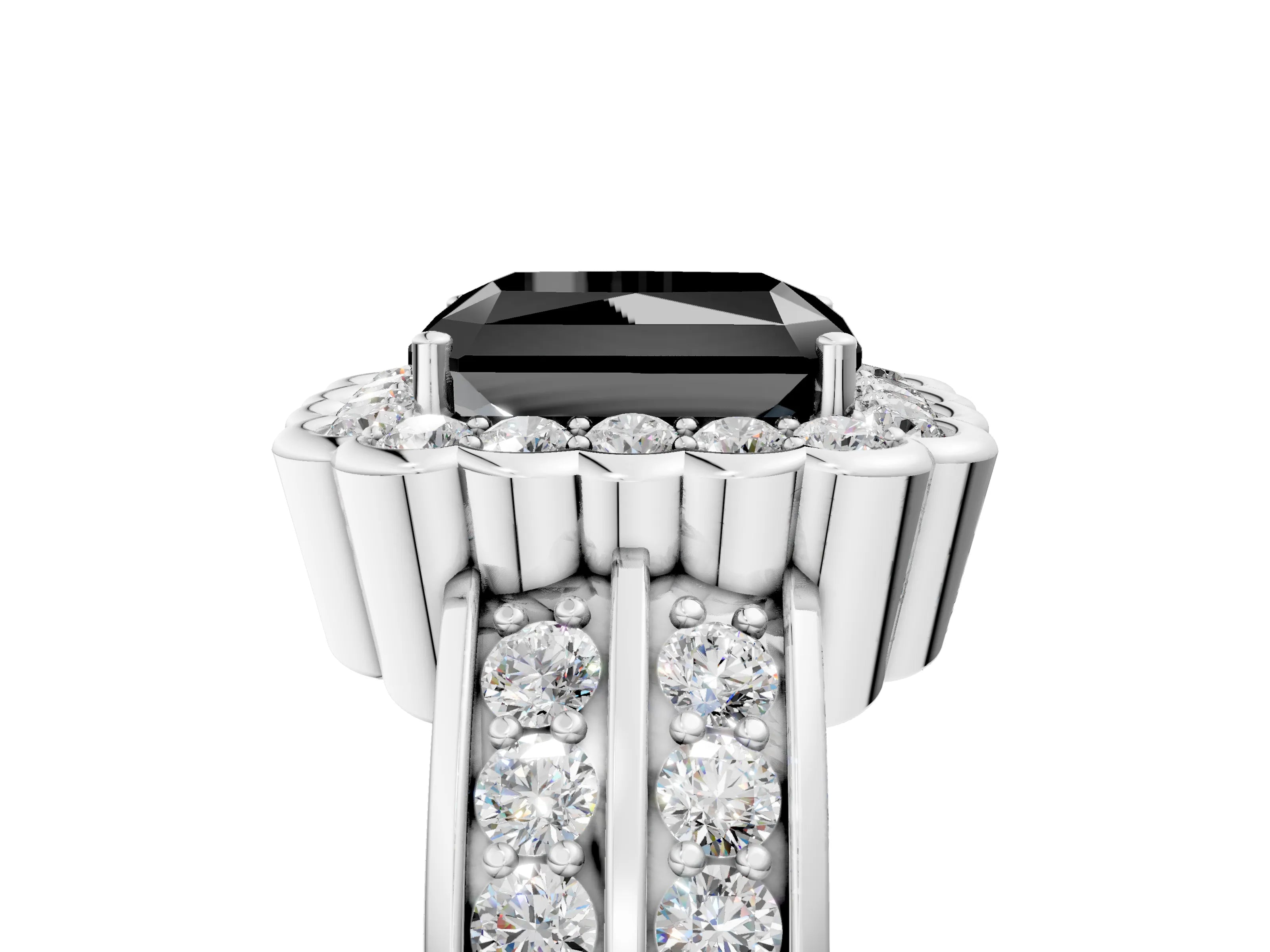 White gold Fancy Black Radiant Cut Halo Diamond Split Shank Ring with Scalloped Prong Setting_17