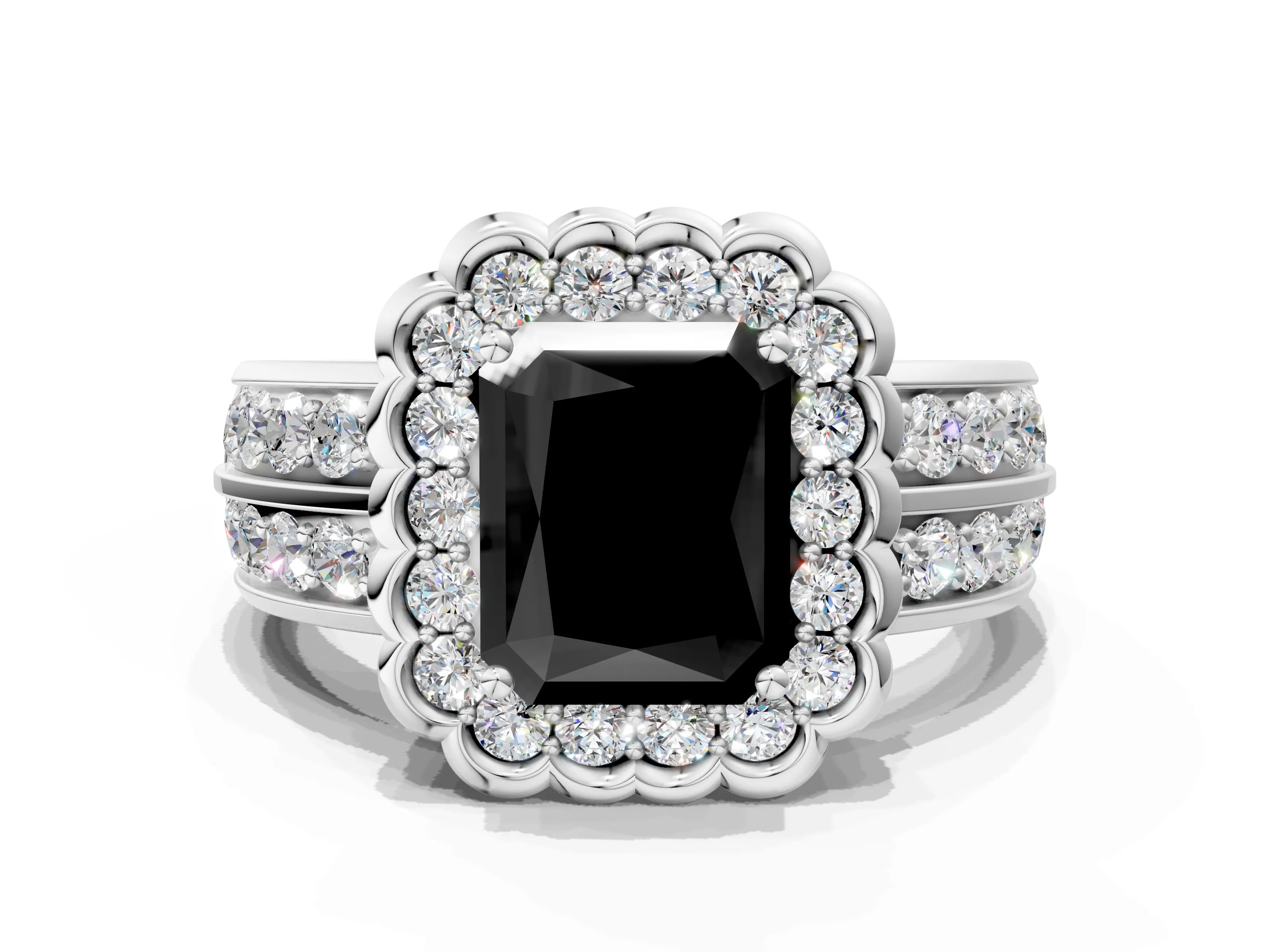 White gold Fancy Black Radiant Cut Halo Diamond Split Shank Ring with Scalloped Prong Setting_1