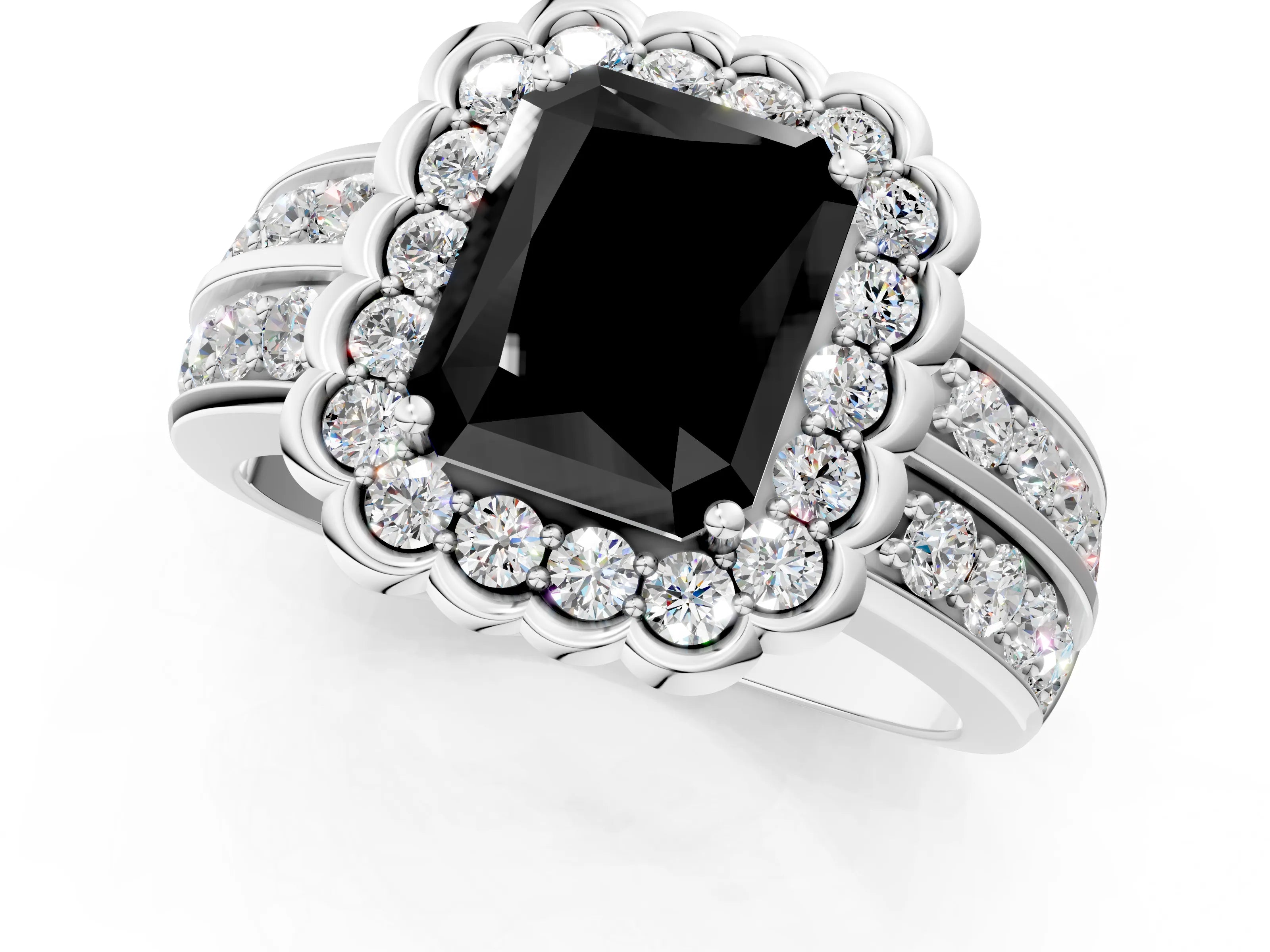 White gold Fancy Black Radiant Cut Halo Diamond Split Shank Ring with Scalloped Prong Setting_1