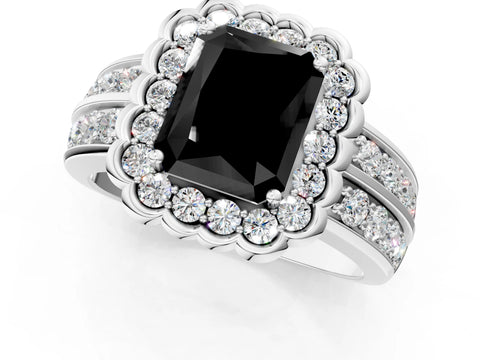 White gold Fancy Black Radiant Cut Halo Diamond Split Shank Ring with Scalloped Prong Setting_1