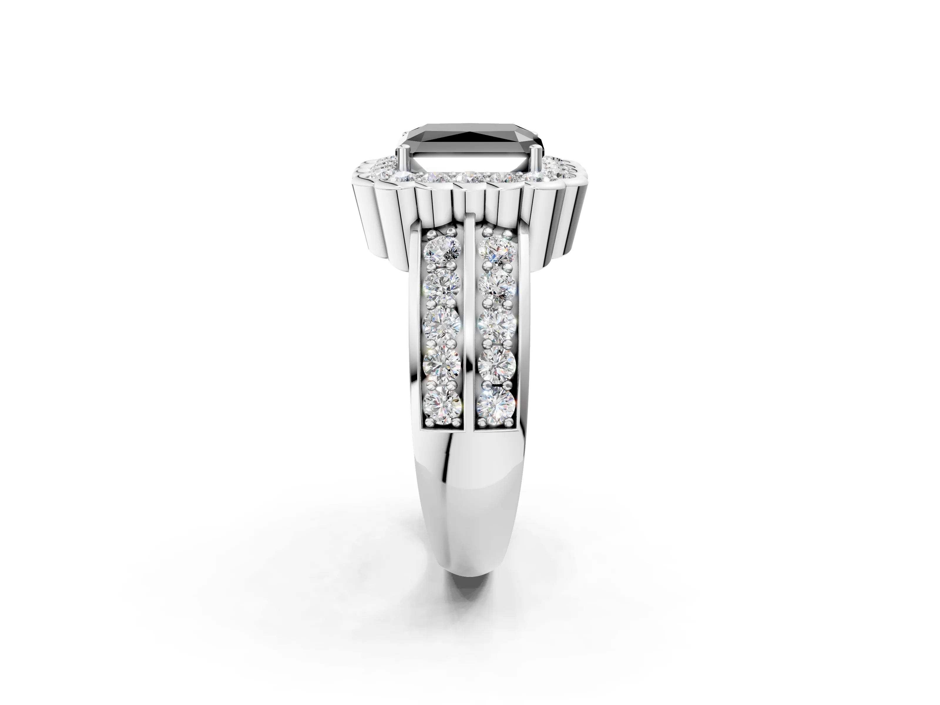 White gold Fancy Black Radiant Cut Halo Diamond Split Shank Ring with Scalloped Prong Setting_2